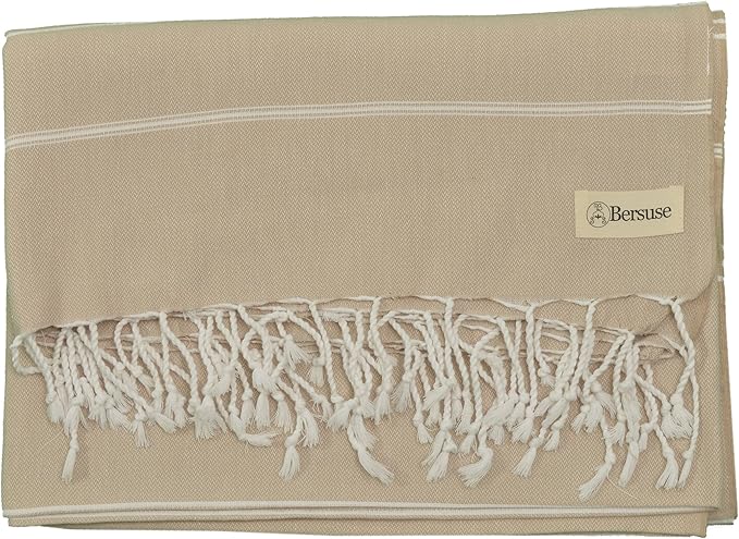 Bersuse Towels Anatolia XL Beach Blanket Throw Blanket Turkish Towel 100% Cotton Extra-Large Quick-Dry Lightweight Premium Peshtemal Towel - 61x82 Inches, Beige