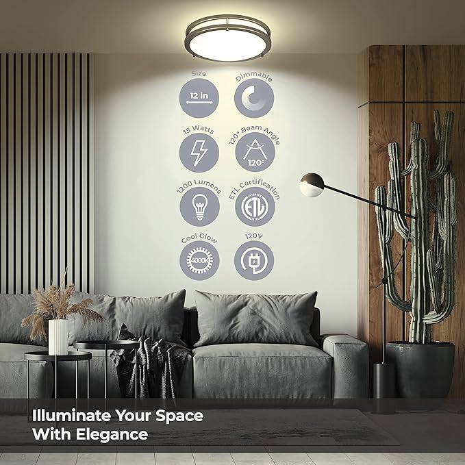 LB72121 LED Flush Mount Ceiling Light, 12 inch, 15W (150W Equivalent) Dimmable 1200lm, 4000K Cool White, Oil Rubbed Bronze Round Lighting Fixture for Kitchen, Hallway, Bathroom, Stairwell