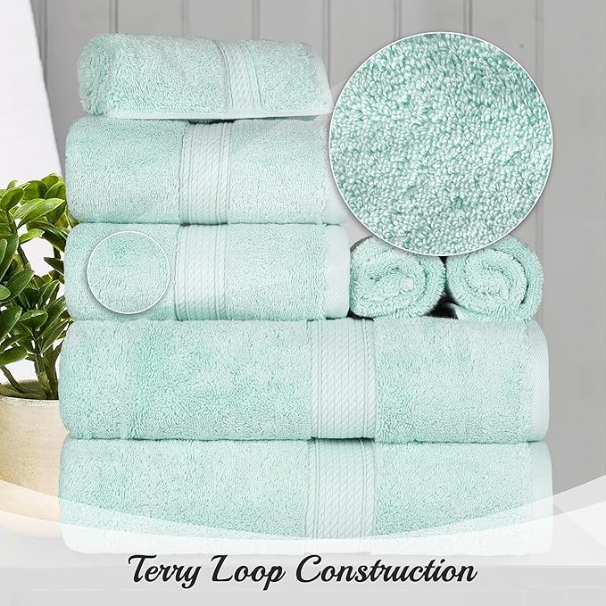 SUPERIOR Egyptian Cotton Pile 3 Piece Towel Set, Includes 1 Bath, 1 Hand, 1 Face Towel/Washcloth, Ultra Soft Luxury Towels, Thick Plush Essentials, Guest Bath, Spa, Hotel Bathroom, Sea Foam