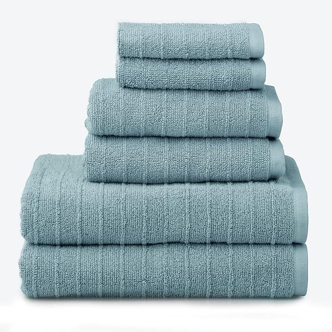 Welhome James 100% Cotton Textured Stripe Towel Set - 6 Piece Set of 2 Bath Towels, 2 Hand Towels, 2 Washcloths, Soft & Absorbent, Mineral