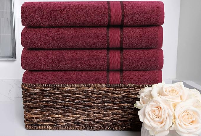 Cotton Craft Ultra Soft 4 Pack Oversized Extra Large Bath Towels 30x54 Burgundy Weighs 22 Ounces - 100% Pure Ringspun Cotton - Luxurious Rayon Trim - Ideal for Everyday use - Easy Care Machine wash
