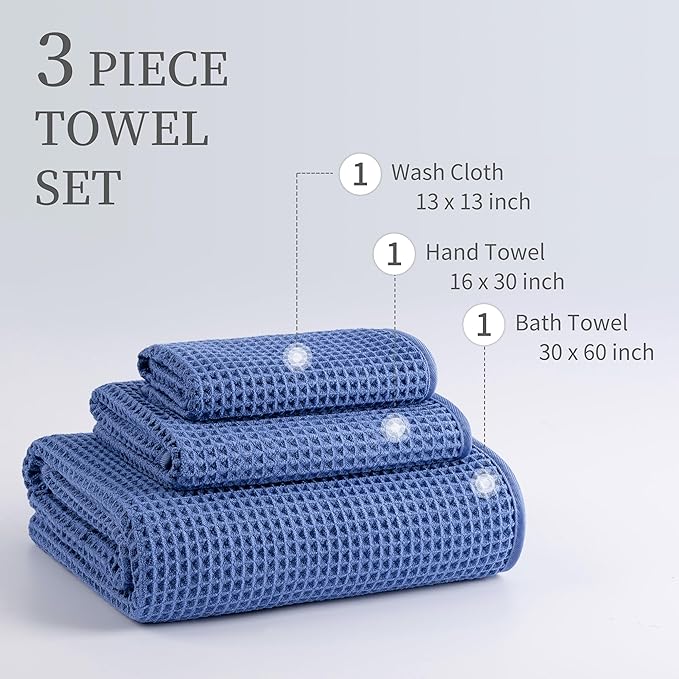 MICROFI New Microfiber Waffle Bath Towels, 3 Pieces, Oversized, Soft, Absorbent, Fast Drying, Lint Free, Includes Bath, Face and Hand Towels 430 GSM (Dark Blue)