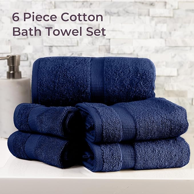 Lavish Home 6 Piece Towel Set - 550 GSM 100% Cotton Bathroom Accessories - 2 Bath Sheets, 2 Hand Towels, and 2 Wash Cloths - Soft and Absorbent Bathroom Set for Shower, Gym, Dorm, and Spa (Navy)