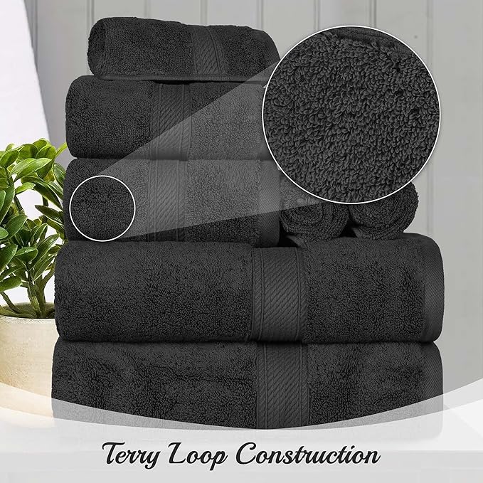Superior Egyptian Cotton 8-Piece Solid Towel Set, Washcloths 13” x 13”, Hand Towels 20” x 30”, Bath Towels 30” x 55”, Black, 8-Pieces by Superior