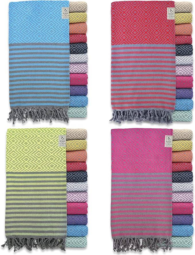 RAY SILVER Turkish Beach Towel - pack of 4 Cotton 40x71 Inch Oversized 100% Sand Free Lightweight Absorbent Quick-Dry Blanket, Extra Large Bath Towels for Travel & Pool, Blue Red Pistachio Green Pink