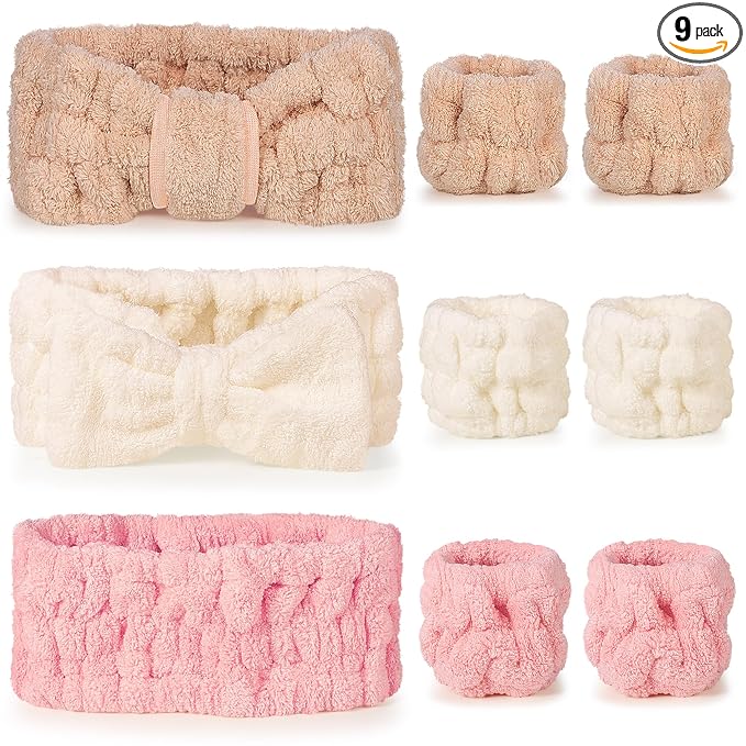 DiyJibb 9 Pcs Spa Headband for Washing Face,Skincare Headband and Wristband Set,Women Teen Girls Facial Hairbands for Washing Face, Makeup, Sports, Yoga (apricot + pink + grey)