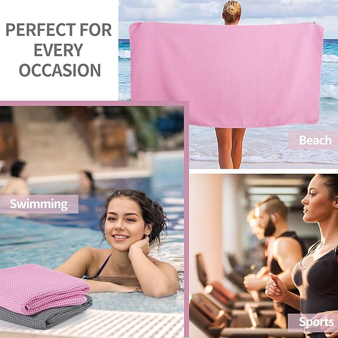 MICROFI New Microfiber Waffle Bath Towels, 2 Pieces, Oversized, Soft, Absorbent, Fast Drying, Lint Free 430 GSM (Gray+Pink)