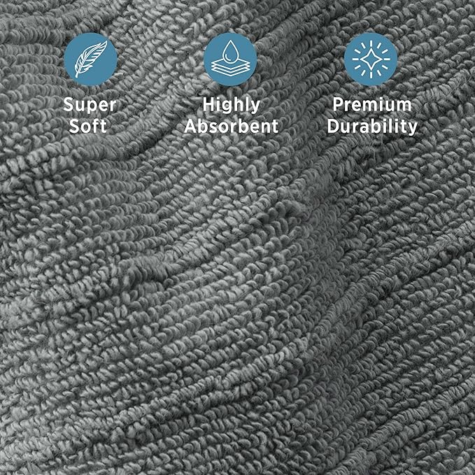 Welhome James 100% Cotton Textured Stripe Towels - 24 Pack Washcloths, Soft & Absorbent, Gray