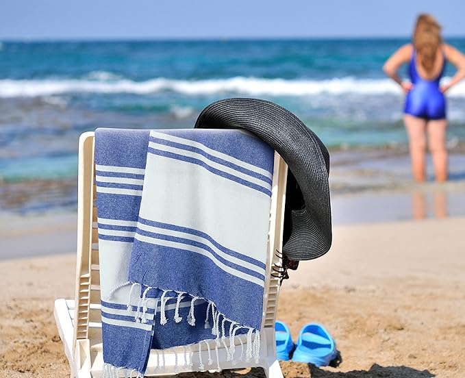 Goroly Home Cotton Turkish Peshtemal Beach Towel, Extra Large, Thin Quick Dry Sand Free Pool & Swim Towel, Bathing Blanket, Travel Essentials, (Royal Blue, 36x71 Inches)