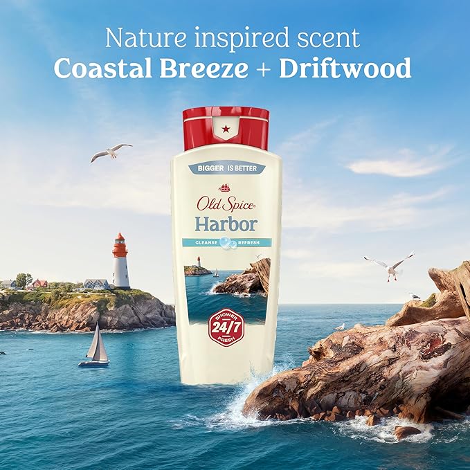 Old Spice Cleansing Body Wash for Men, 24/7 Shower Fresh with Lasting Scent, Cleanse & Refresh, Gentle on Skin, Vitamin B3, Harbor with Coastal Breeze + Driftwood Scent, 18 oz (Pack of 4)