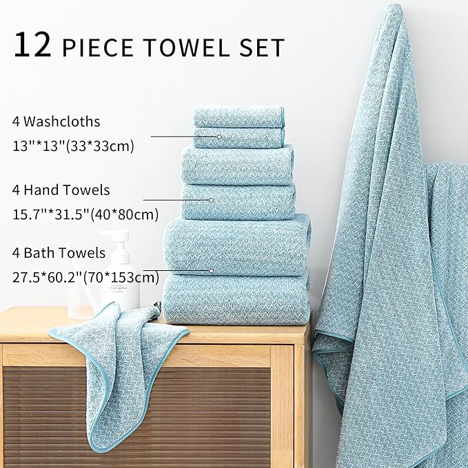 Ultra Soft Bath Towel Set,12 Piece (4 Bath Towels,4 Hand Towels,4 Washcloths) Family Bathroom Towels Set with Hanging Loop,Quick Dry Extra Absorbent Shower Towel for Bathroom,Hotel,Spa-Turquoise
