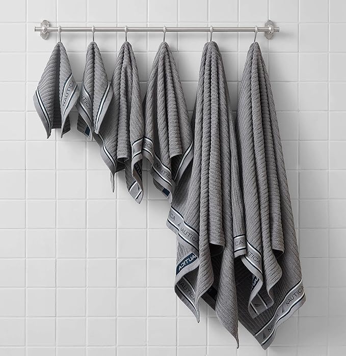 Nautica - Bath Towels, 100% Soft & Absorbent Fluffy Cotton, Highly Absorbent & Quick Dry, Cotton Bathroom Towels (Signature Grey, 6 Piece)
