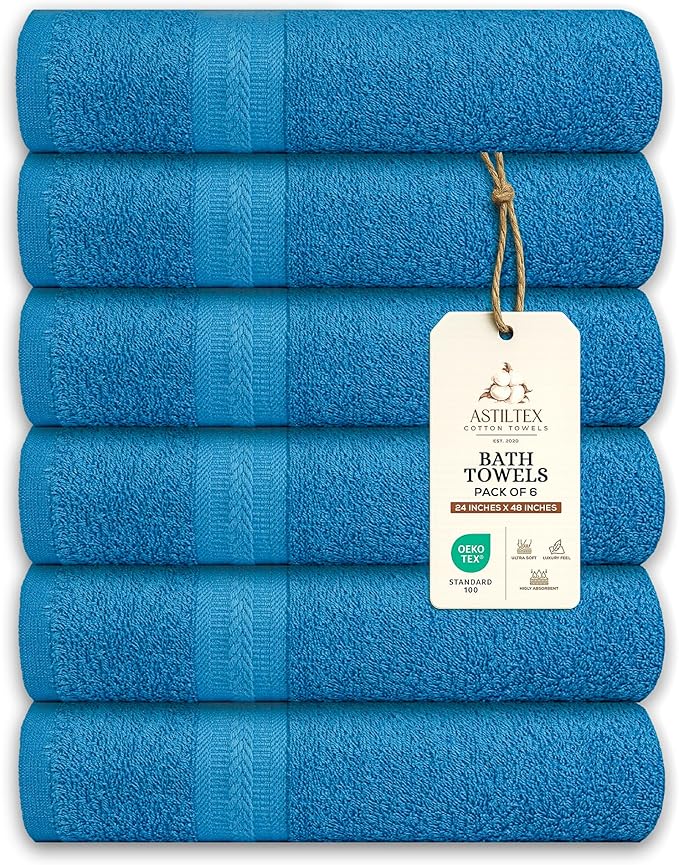 Medium Bath Towels Pack of 6 – 24x48 Inches – Soft, Quick Dry & Highly Absorbent – 100% Cotton Towels for Bathroom, Spa, Gym & Hotel – Teal Blue