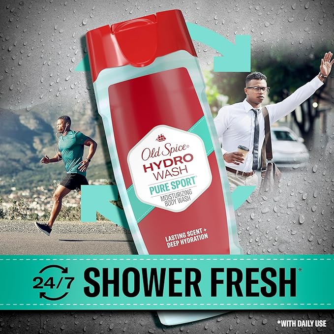 Old Spice Moisturizing Body Wash for Men, Hydro Wash, 2-in-1 Long Lasting Scent & Powerful Hydration to Fight Dry Skin, 24/7 Shower Fresh, Pure Sport Plus Scent, 16 oz