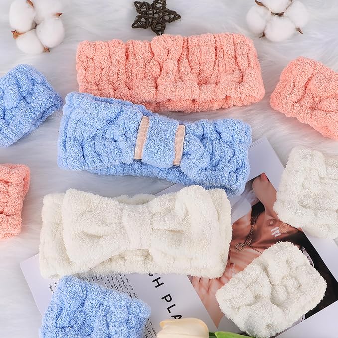 DiyJibb 9 Pcs Spa Headband for Washing Face,Skincare Headband and Wristband Set,Women Teen Girls Facial Hairbands for Washing Face, Makeup, Sports, Yoga (apricot + blue + orange pink)