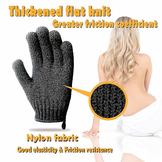 MIG4U Exfoliating Shower Gloves for Bath,6 Pairs Premium Nylon Body Wash Bathing Gloves for Men Women Spa, Massage and Skin Scrub, Dead Skin Remover with Hanging Loop, Black, Regular Size