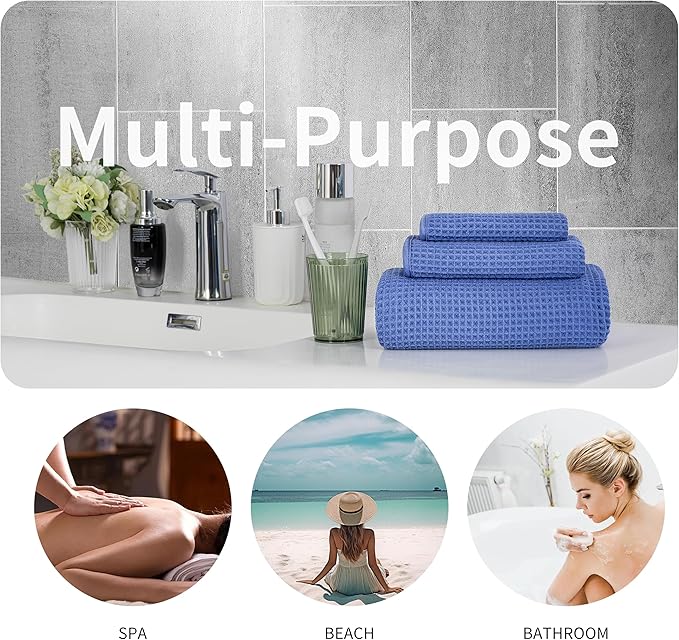 MICROFI New Microfiber Waffle Bath Towels, 3 Pieces, Oversized, Soft, Absorbent, Fast Drying, Lint Free, Includes Bath, Face and Hand Towels 430 GSM (Dark Blue)