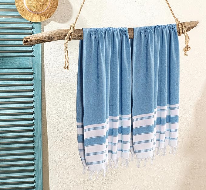 Goroly Home Cotton Turkish Peshtemal Beach Towel, Extra Large, Thin Quick Dry Sand Free Pool & Swim Towel, Bathing Blanket, Travel Essentials, (Sky Blue, 36x71 Inches)