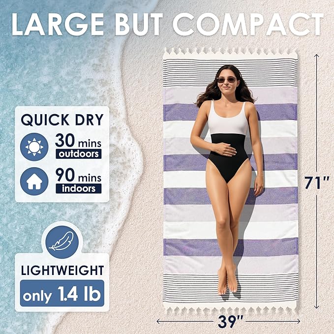 ATANI Turkish Beach Towel (71x39 Inches), Converts to a Bag, Oversized 100% Cotton Bath Towels Lightweight Quick-Dry Beach Blanket for Travel, Picnic, Camping, Yoga and Pool (Lavender)