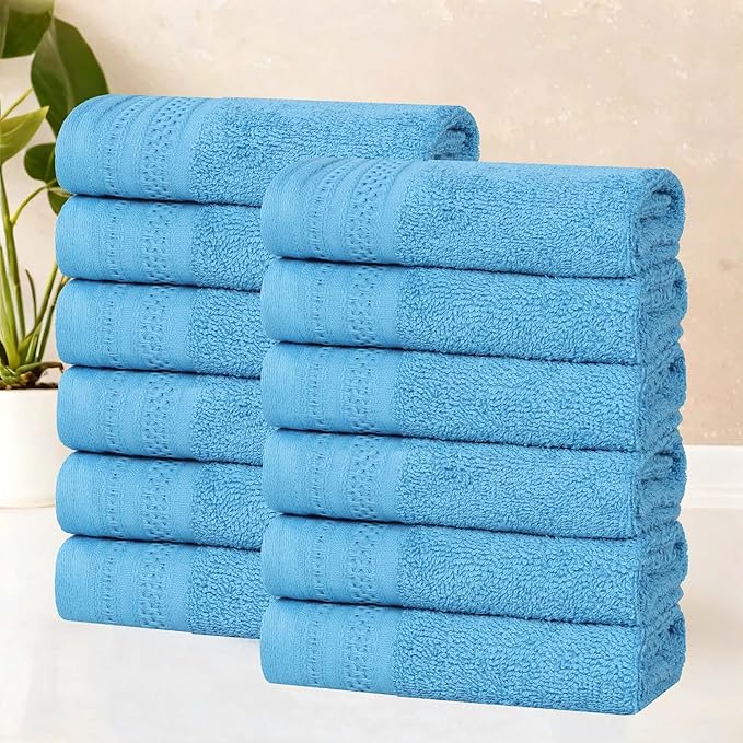 Superior Honeycomb Cotton Medium Weight Towels, for Guest Bath, Master Bathroom, Shower, Quick Dry, Adults, Home Essentials, Textured Waffle Border, Assorted Towel Set, 12 Piece Face Towel Set, Azure