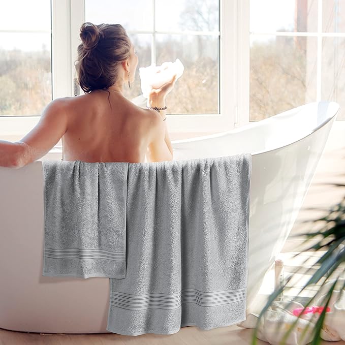 BOUTIQUO 6 Pack Cotton Towel Set, Contains 2 Bath Towels 28x55 inch, 2 Hand Towels 16x24 inch & 2 Wash Coths 12x12 inch, Ideal Everyday use, Ultra Soft Compact & Lightweight - Light Grey