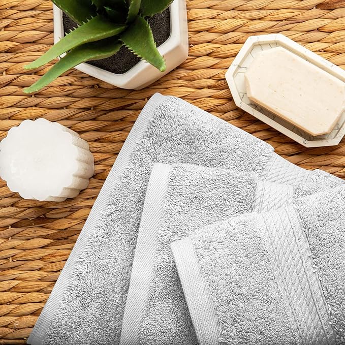 SUPERIOR Egyptian Cotton Pile 3 Piece Towel Set, Includes 1 Bath, 1 Hand, 1 Face Towel/Washcloth, Ultra Soft Luxury Towels, Thick Plush Essentials, Guest Bath, Spa, Hotel Bathroom, Silver