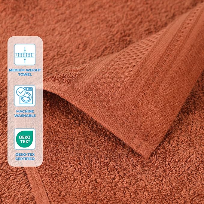 Superior Honeycomb Cotton Medium Weight Towels, for Guest Bath, Master Bathroom, Shower, Quick Dry, Adults, Home Essentials, Textured Waffle Border, Assorted Towel Set, 12 Piece Face Towel Set, Rust