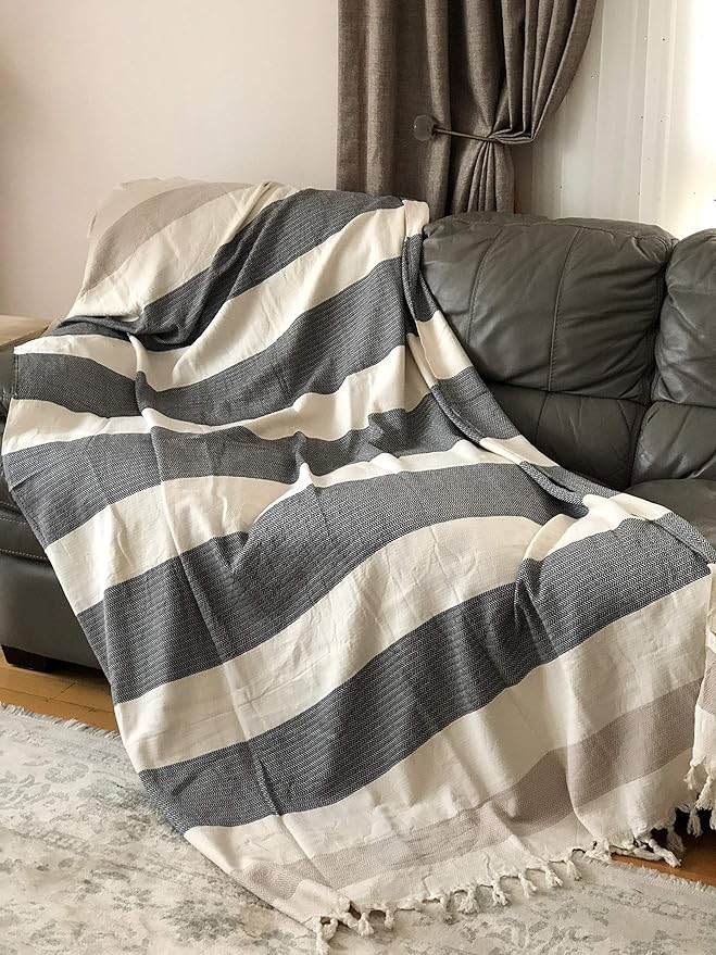 Bersuse 100% Cotton Aspendos XL Throw Blanket for Couch - 100% Cotton Lightweight Durable Throw Blanket, Big Blanket for Sensitive Skin, Decorative and Versatile - 60x90 Inches, Black-Beige