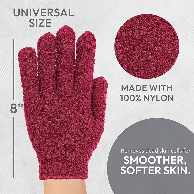 4 Pairs Exfoliating Gloves, 100% Nylon, Dual Texture Body Scrub for Spa, Massage & Dead Skin Removal, Multi-Color Shower Bath Accessories (Cerise/Blush)