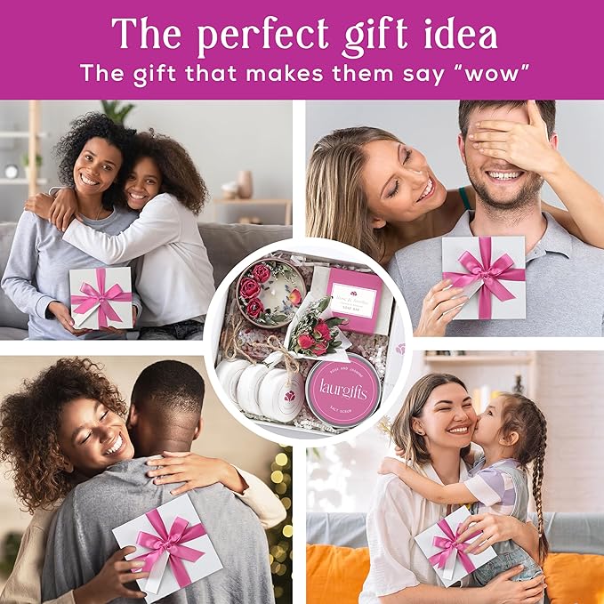 Mothers Day Spa Gift Set for Women – Rose & Jasmine Candle Gift Set with Bath Treats, Relaxing Self Care Basket, Birthday Gift for Mom or Friend