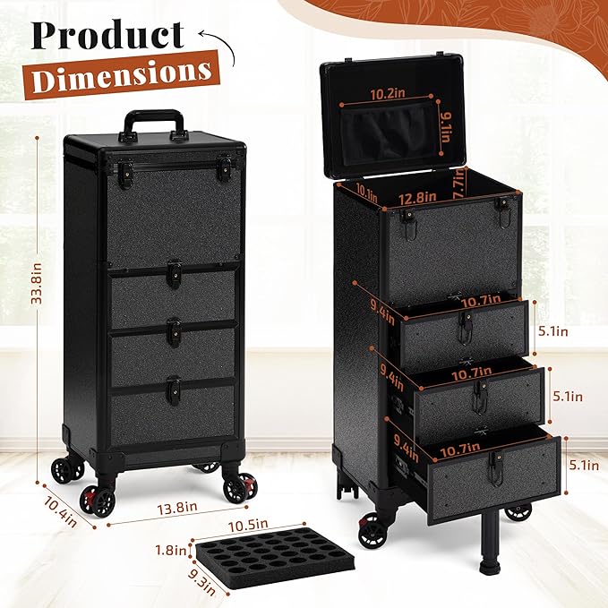 Rolling Makeup Train Case with 3 Drawers, Nail Trolley Cart Salon Station Cosmetology Case on Wheels Organizer Cases for Nail Tech,SPA,Face Painting,Hairstylist,Makeup Artist (Black)