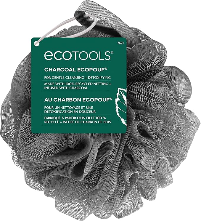 EcoTools Charcoal EcoPouf, Loofah Sponge for Bath & Shower, Infused Pouf, Recycled Netting, Exfoliation Removes Dead Skin, Eco-Friendly Bath Accessory, Cruelty-Free, Color May Vary, 1 Count (60g)