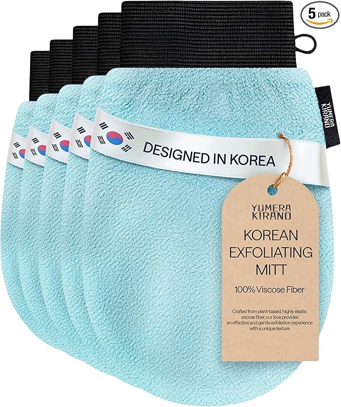 Korean Exfoliating Glove for Shower – Deep Body Scrubber & Face Exfoliator – Shower Gloves – Tan Remover Washcloth, Smooth Skin & Body Exfoliating Mitt – Loofah Wash Cloth Alternative (Pack of 5)