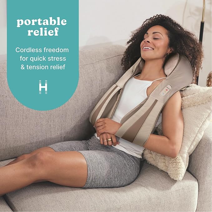 Homedics Shiatsu Deluxe Neck & Shoulder Massager with Heat, 3 Speeds, Changes Direction, Muscle Kneading for Back, & Legs, Portable, Convenient Straps, Thera-P, Beige