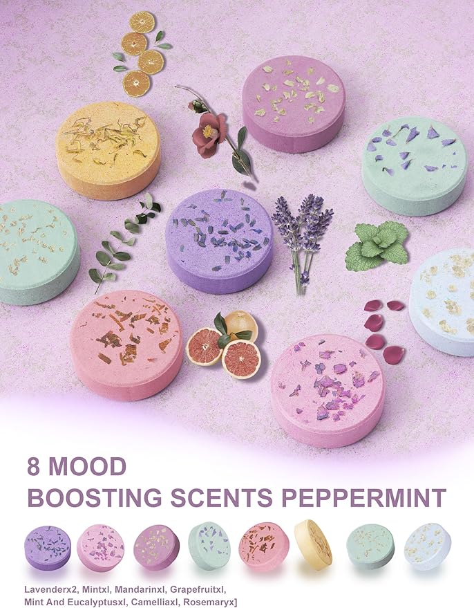 Shower Steamers Aromatherapy Stocking Stuffers 8 Scents, Christmas Gifts for Women Elegant Packaging Birthdays Gifts for Mom, Natural Essential Oil Home Spa Self Care & Relaxing Lavender