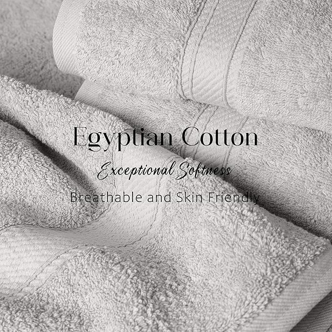 SUPERIOR Solid Egyptian Cotton Towel Set, Washcloths 13” x 13”, Hand Towels 20” x 30”, Bath Towels 30” x 55”, Silver, 6-Pieces