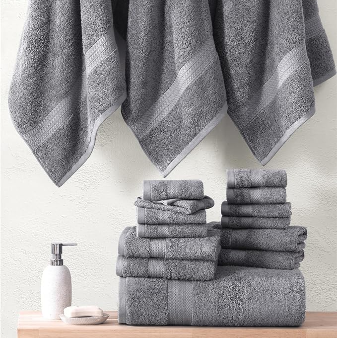 LANE LINEN Luxury 24 PCs Bath Towels Set - 100% Ring Spun Cotton Towels for Bathroom - Quick Dry, Soft & Absorbent, Perfect for Kids, Guest & Everyday Use - Oeko Tex Certified -Space Grey