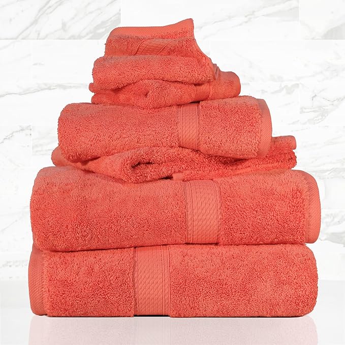 SUPERIOR Egyptian Cotton Pile 6 Piece Towel Set, Includes 2 Bath, 2 Hand, 2 Face Towels/Washcloths, Ultra Soft Luxury Towels, Thick Plush Essentials, Guest Bath, Spa, Hotel Bathroom, Coral