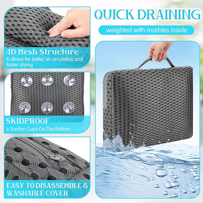 Novabright Bath Pillow and Mat Set for Head and Neck Nonslip Bathtub Pillow 4d Thick Tub Seat Mat with 6 Suction Cups Portable Seat Cushion Tub Accessories for Indoor Outdoor