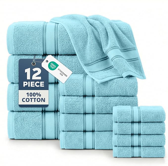 LANE LINEN Luxury Towel Set for Bathroom – 12-Pack 100% Cotton Towels, Zero Twist, Includes 4 Bath, 4 Hand & 4 Washcloth, Suitable for All Body Types, Soft & Quick Dry, Ideal for Airbnb & Spa - Blue
