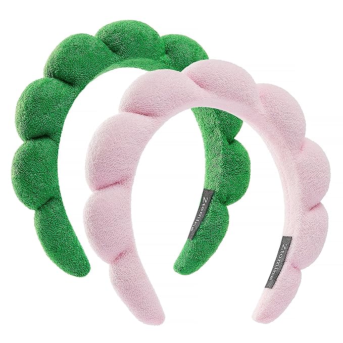 Ztomine Spa Headbands - Set of 2: Terry Cloth Face Wash Headbands - Puffy Pink + Turquoise Combo Pack