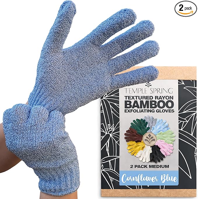 Temple Spring Shower Gloves Exfoliating for Women – Natural Textured Rayon Bamboo Exfoliating Glove with Thicker Weave for Deep Cleansing, Dead Skin Removal & Smooth Radiant Skin (1 Pair, Blue)