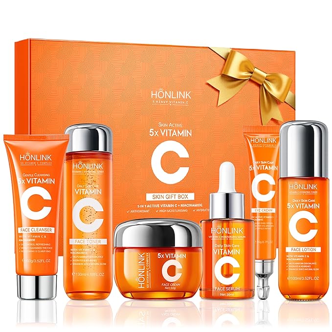 6-Piece Hydrating Skincare Set with Vitamin C & Niacinamide, Face Care Kit Includes Toner, Serum, Cleanser, Moisturizer, Eye Cream & Body Lotion | Mother’s Day Gift for Women