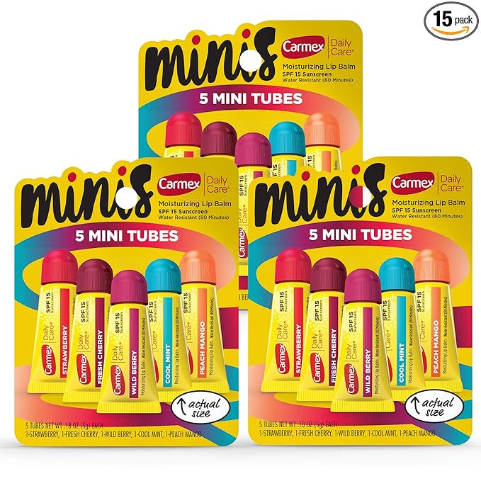Carmex Daily Care Minis Moisturizing Lip Balm Tubes, SPF 15, Multi-Flavor Lip Balm Pack, 15 Count (3 Packs of 5)