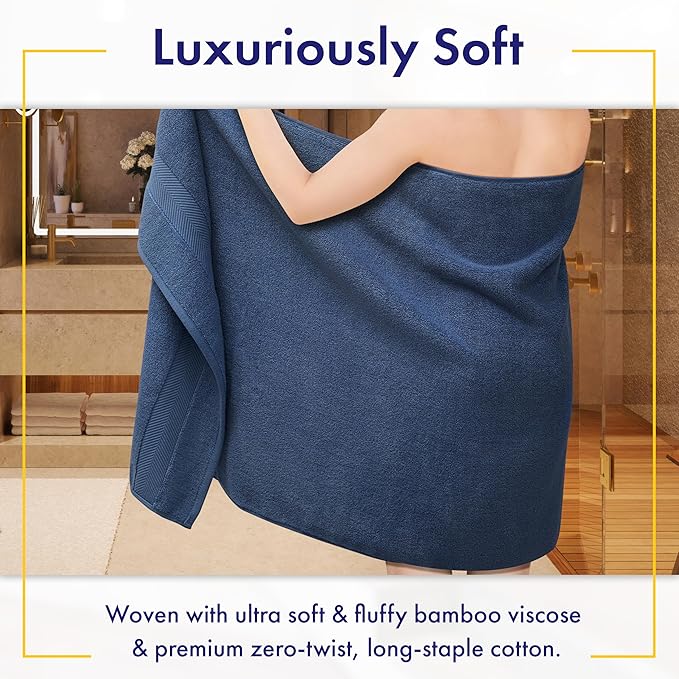 Alusa Home Ultra Soft & Plush Viscose from Bamboo Bath Sheets - 700 GSM Pack of 2 - Extra Large 70x35 in - Super Absorbent & Quick Drying (Navy Blue)