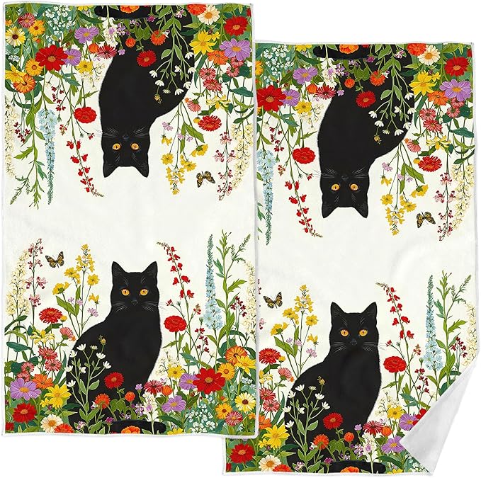 Accnicc 2 Pack Black Cat Bathroom Hand Towels Decorative Spring Floral Dish Kitchen Towel 16x27 Inch Botanical Colorful Wildflowers Butterfly Absorbent Soft Microfiber Bath Towels Hotel Spa Decor