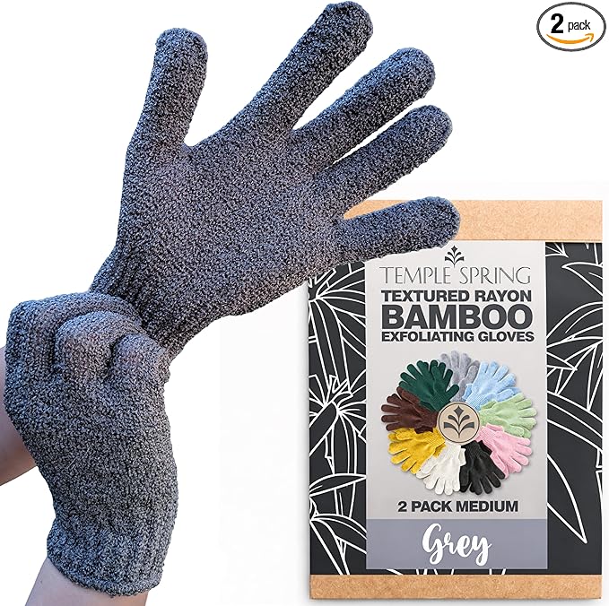 Temple Spring Shower Gloves Exfoliating for Women – Natural Textured Rayon Bamboo Exfoliating Glove with Thicker Weave for Deep Cleansing, Dead Skin Removal & Smooth Radiant Skin (1 Pair, Gray)