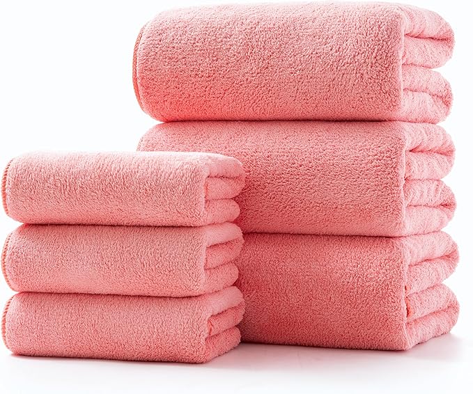 Lumimi Towel Set of 6 Very Soft Microfiber 3 Bath and 3 Hand Towels Quick Dry Light Weight for Bathroom Gym Salon, 6 Pack Pink Red