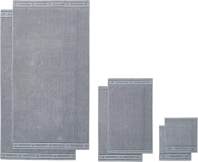 Nautica - Bath Towels, 100% Soft & Absorbent Fluffy Cotton, Highly Absorbent & Quick Dry, Cotton Bathroom Towels (Signature Grey, 6 Piece)