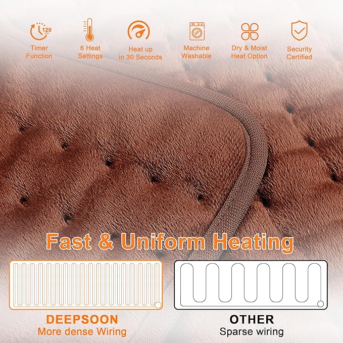Deepsoon Heating Pad,Electric Heating Pads for Back,Neck,Moist Heating Pad for Abdomen Shoulder Knee Legs,Dry/Moist Heat&Auto Shut Off,Mother's Day Birthday for Men and Women,Brown,33x17 Inch